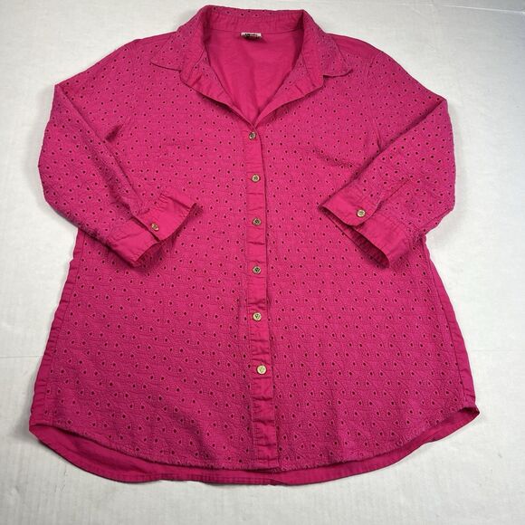 Anne Klein Button Down Shirt Hot Pink Eyelet Boho Preppy Top 3/4 Sleeve M/L - Picture 1 of 11